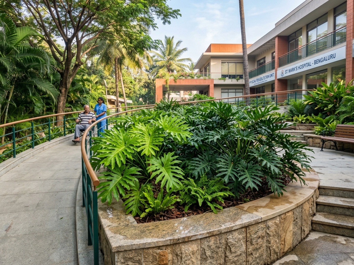 Philodendron Xanadu in raised stone planter along hospital rehabilitation wheelchair ramp - Happy Greenery
