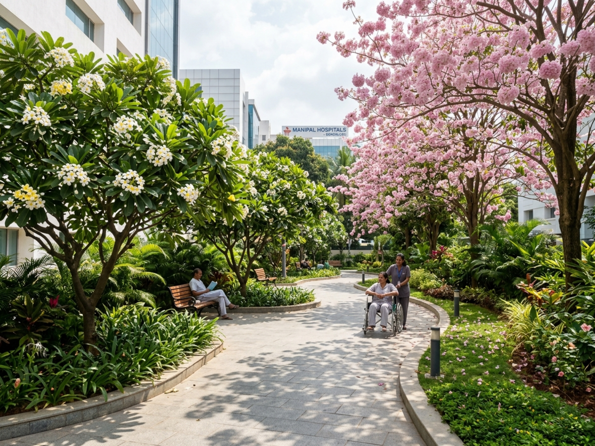 Plumeria and Tabebuia trees in full bloom along outdoor hospital recovery path in Bengaluru - Happy Greenery