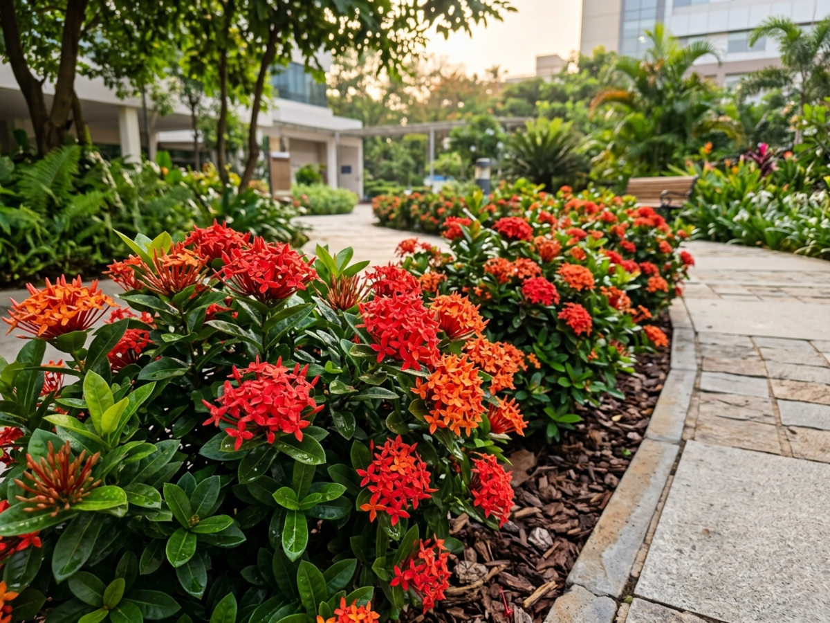 Dwarf red and orange Ixora shrubs flowering along paved borders in hospital sensory garden - Happy Greenery