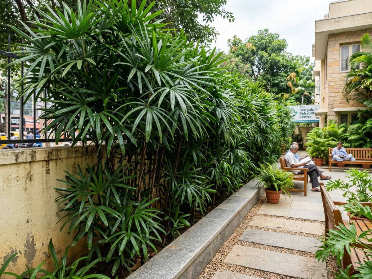 Rhapis excelsa Lady Palm hedge providing green privacy screening and acoustic sound buffering at hospital courtyard - Happy Greenery