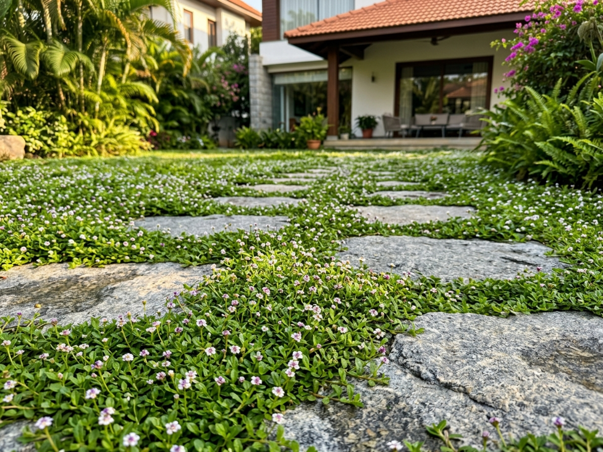 Phyla nodiflora (Frogfruit) forming a dense drought-tolerant green carpet with mini blooms in Bengaluru - Happy Greenery