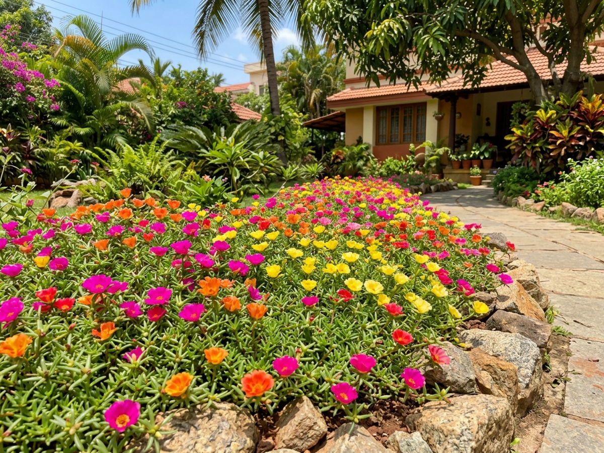 Portulaca grandiflora (Table Rose) blooming in vibrant pink, red, and yellow across a sunny terrace garden - Happy Greenery