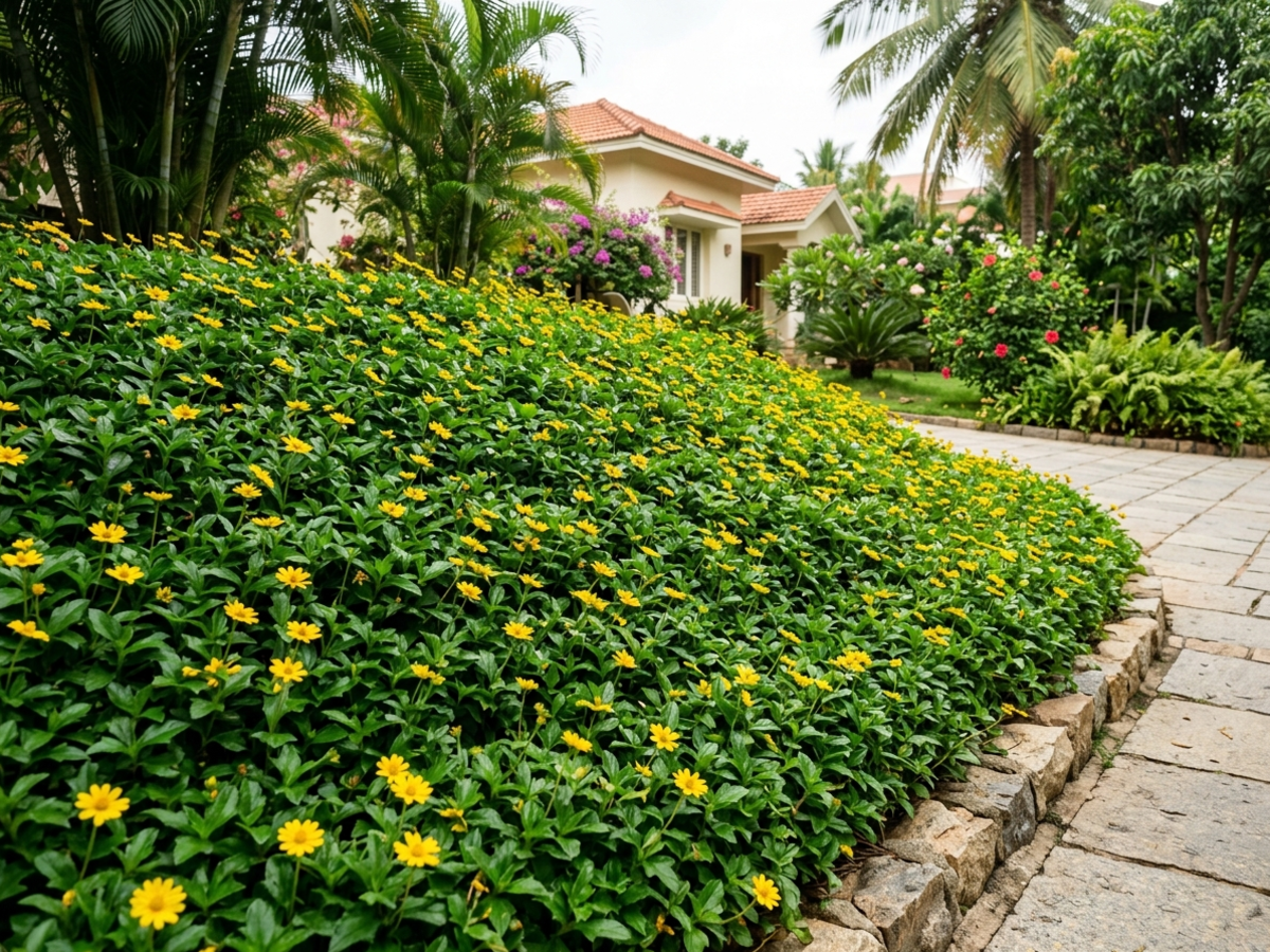 Dense Wedelia (Sphagneticola trilobata) golden flower carpet covering a large landscape slope in Bengaluru - Happy Greenery