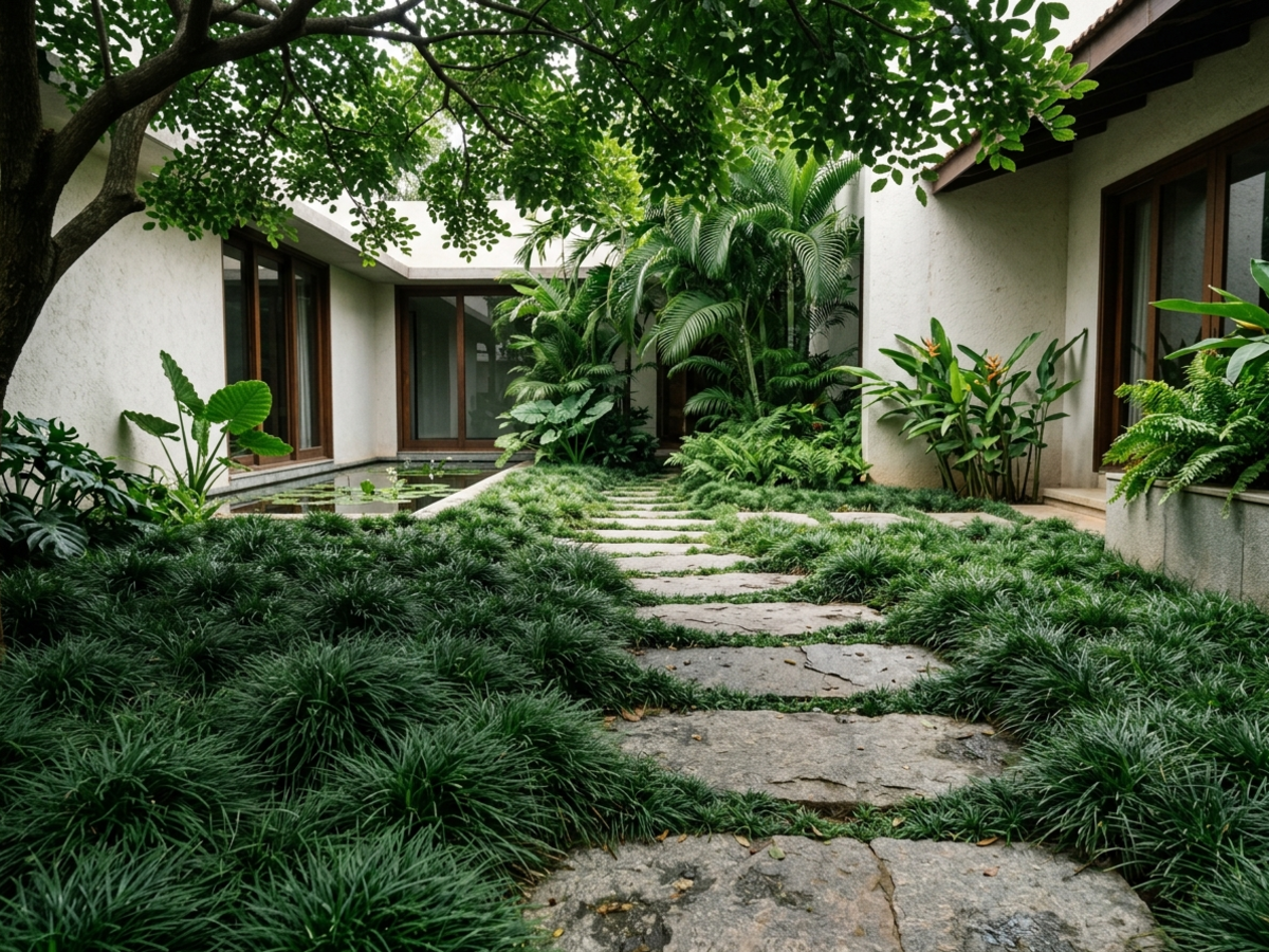 Dwarf Mondo Grass (Ophiopogon japonicus Nana) lush shade-loving lawn under tree canopies in Bengaluru - Happy Greenery