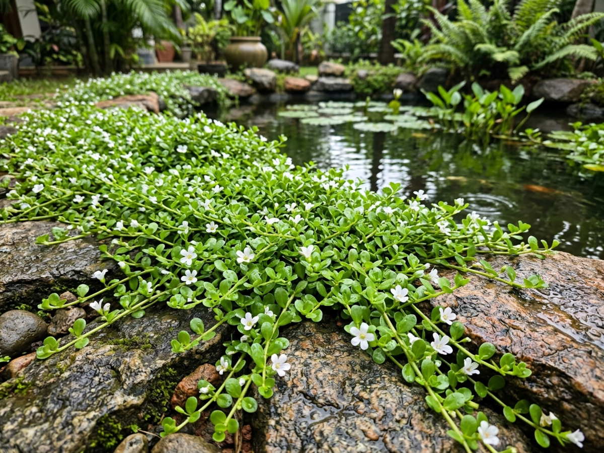 Bacopa monnieri (Brahmi) forming a fresh green carpet around garden pond edges in Bengaluru - Happy Greenery