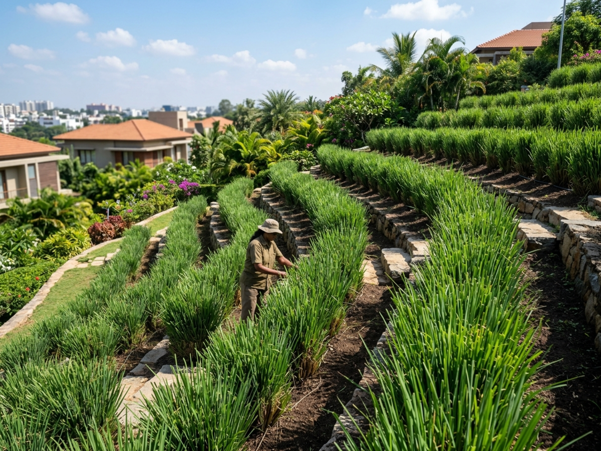 Vetiver grass (Khus) planted along hillside terracing for deep slope erosion control in Bengaluru - Happy Greenery