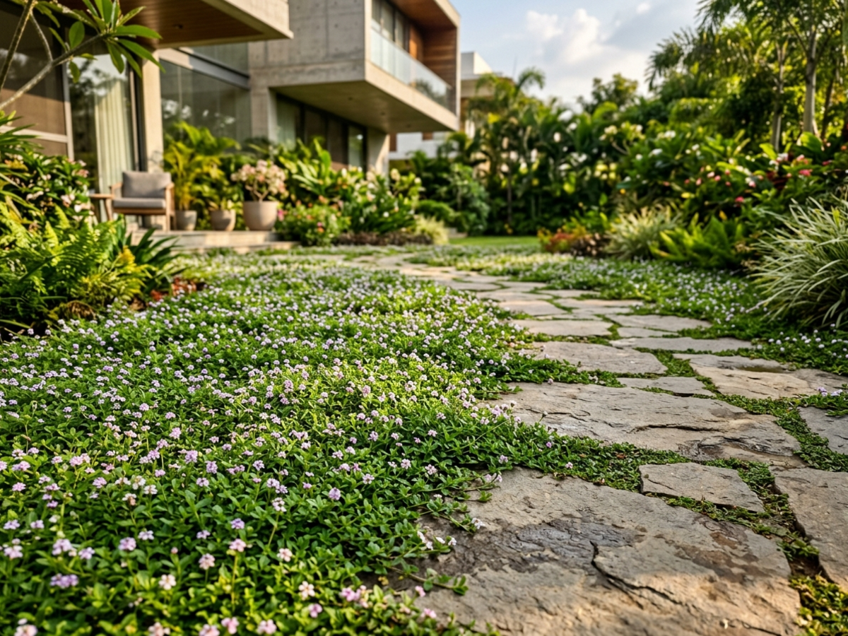 Creeping Lippia forming a walkable low-growing lawn alternative between stone pavers in Bengaluru - Happy Greenery