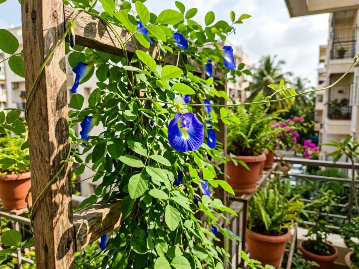 Blue Butterfly Pea vine twining over a wooden balcony trellis in a Bengaluru apartment - Happy Greenery
