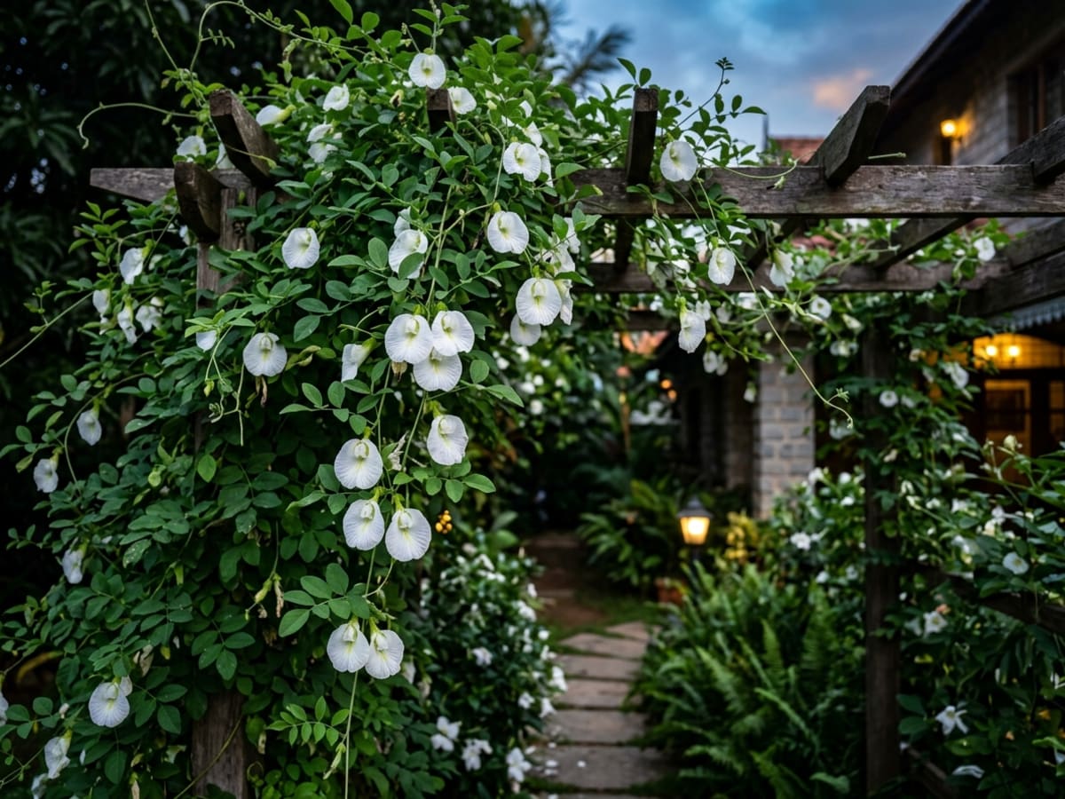 Rare white-flowered Butterfly Pea climber blooming in a Bengaluru villa moon garden - Happy Greenery