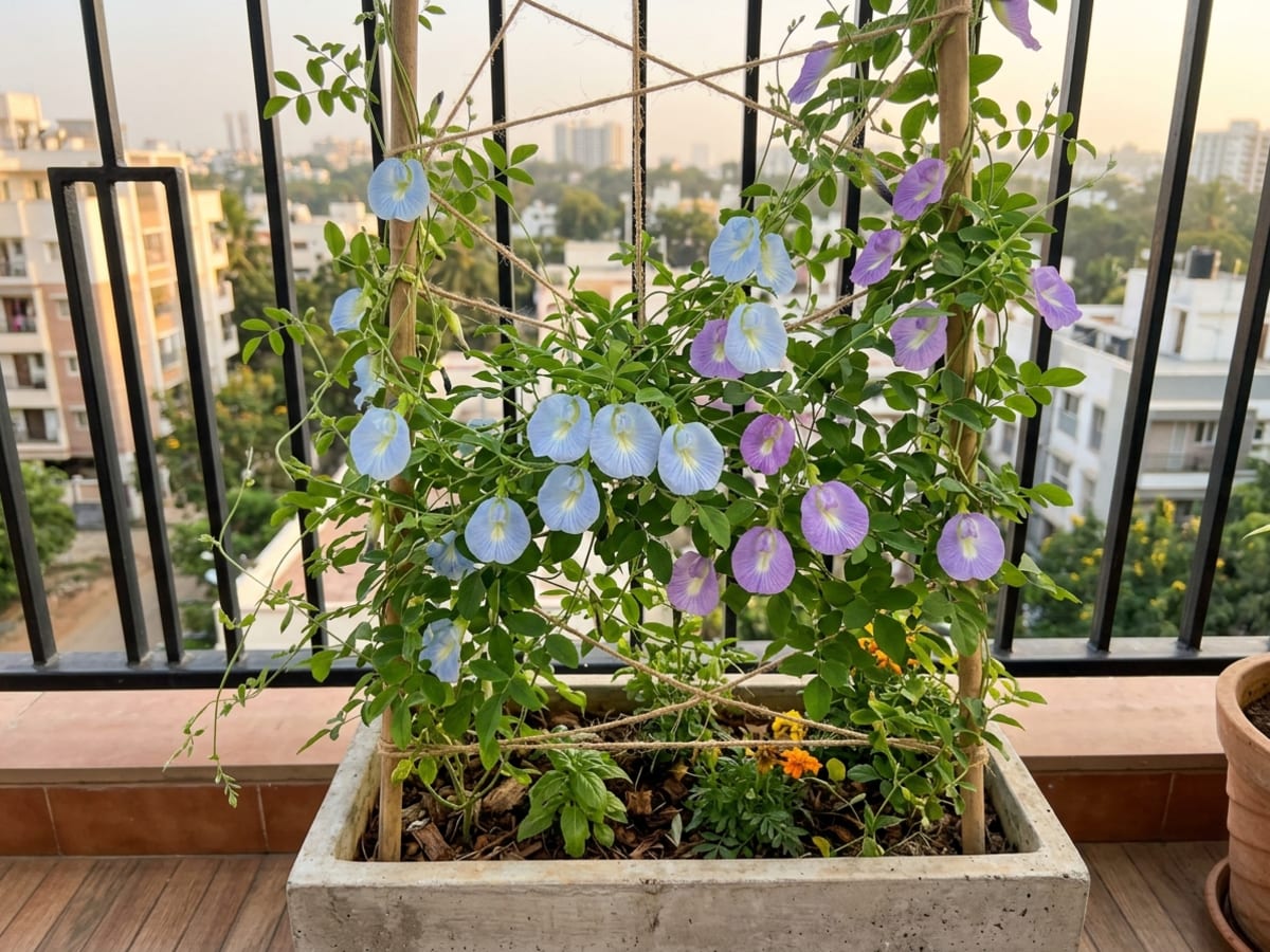Pale blue and violet-purple varieties of Butterfly Pea growing in a Bengaluru container garden - Happy Greenery
