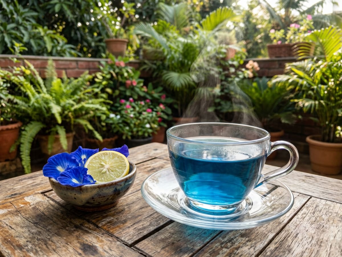 Freshly steeped blue Butterfly Pea flower tea infusion served in a glass teacup - Happy Greenery