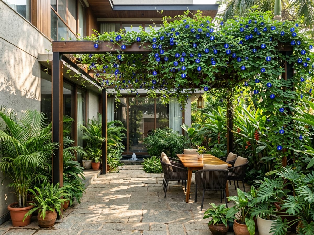 Butterfly Pea vine covering a outdoor wooden pergola in a Bengaluru luxury villa courtyard - Happy Greenery
