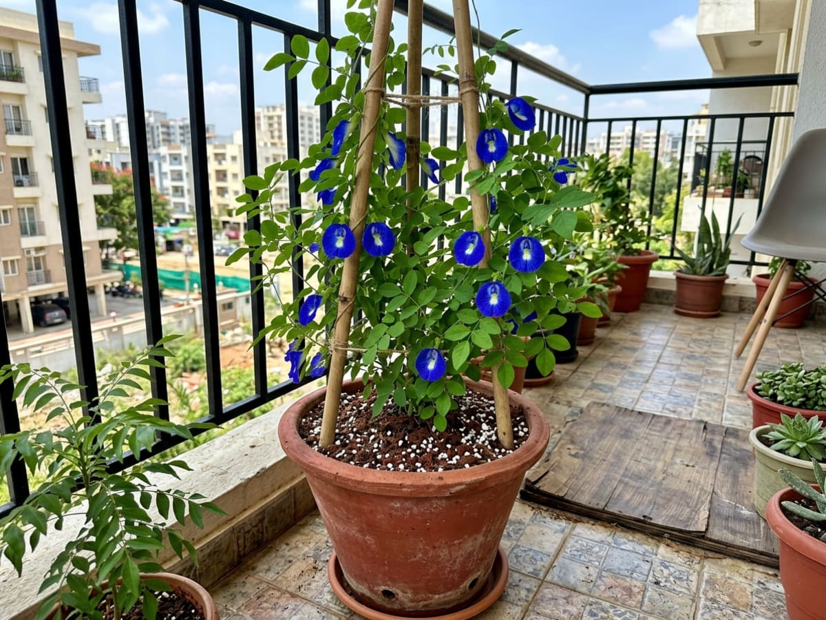 Healthy potted Butterfly Pea vine growing in terracotta pot with well-draining soil mix on Bengaluru balcony - Happy Greenery