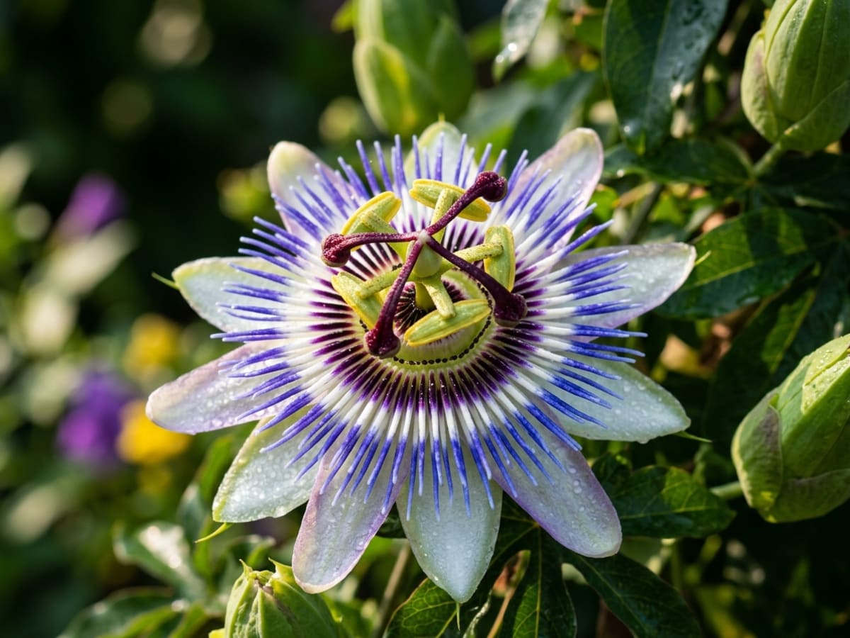 Detailed macro floral anatomy of Krishna Kamal Passion Flower with corona filaments and anthers - Happy Greenery