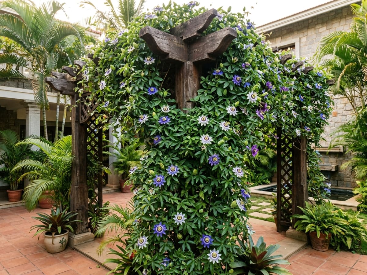 Passiflora caerulea Blue Passion Flower vine climbing on a wooden pergola in an upscale Bengaluru villa - Happy Greenery