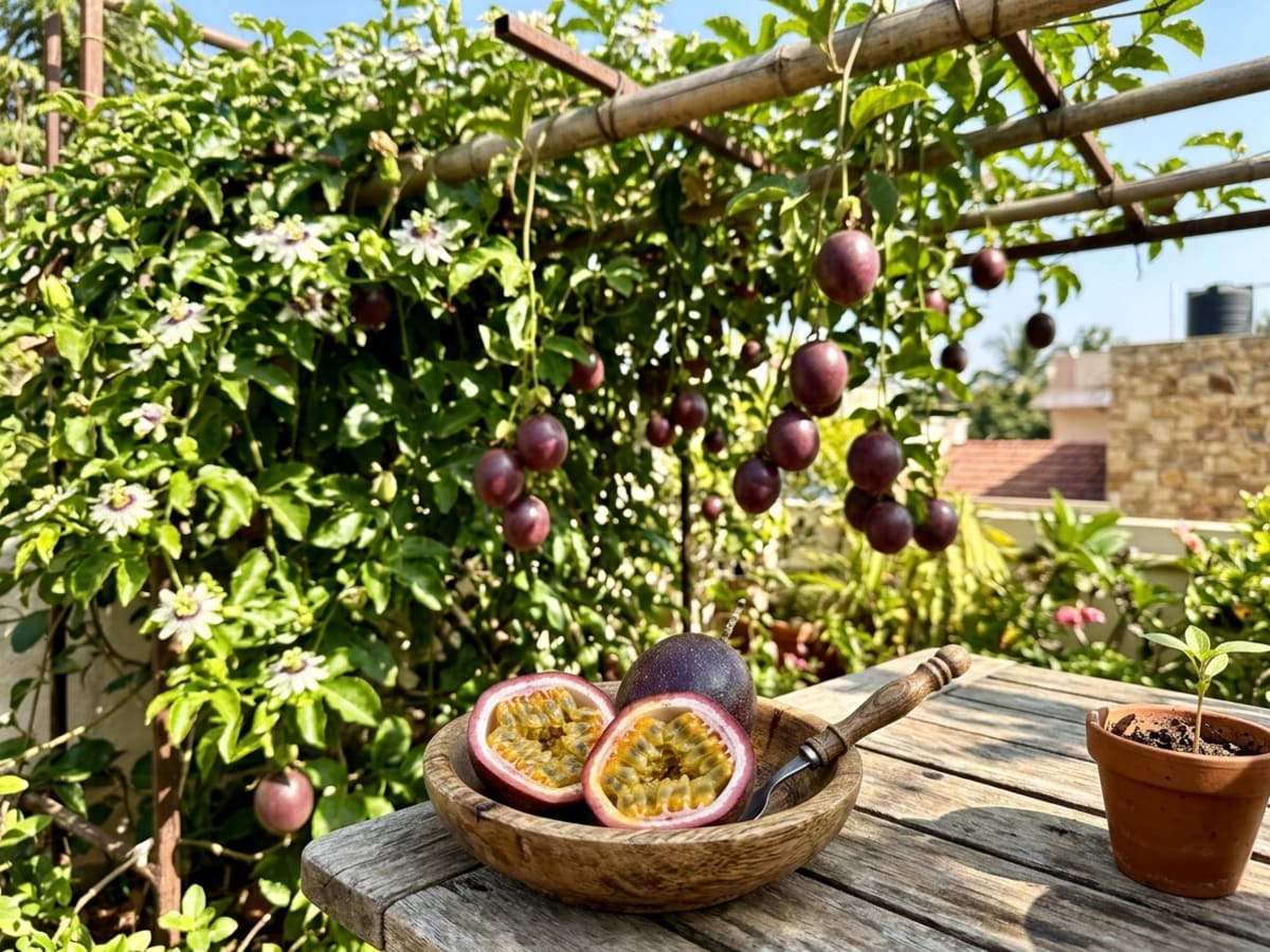 Passiflora edulis vine with ripe purple passion fruits and sliced fruit showing golden seed pulp - Happy Greenery