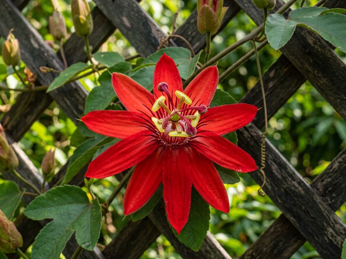 Striking crimson-scarlet Passiflora vitifolia Red Passion Flower in bloom on a garden fence - Happy Greenery