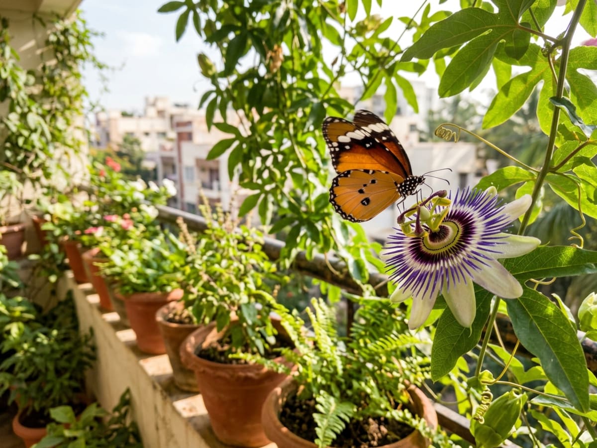 Colorful butterfly visiting open passion flower blossoms on a Bengaluru balcony garden - Happy Greenery