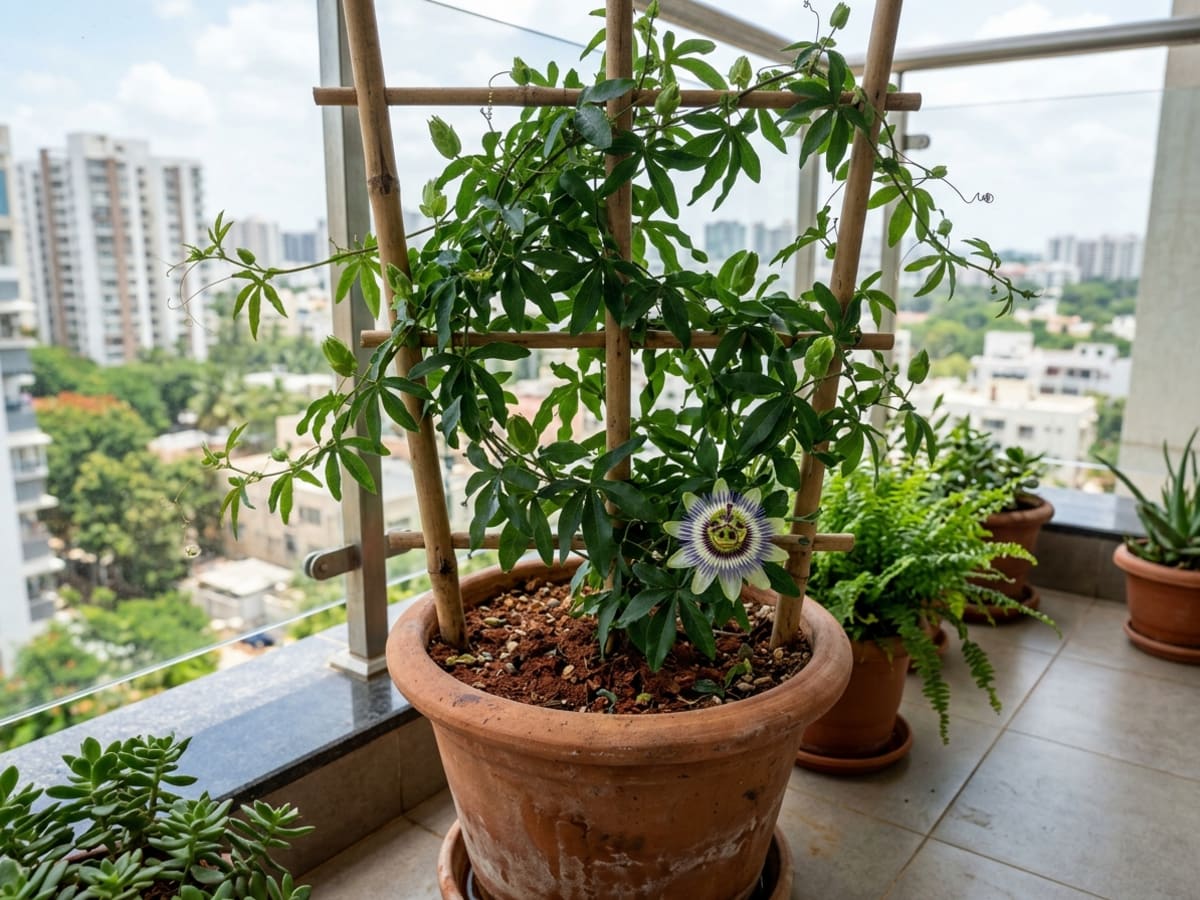 Healthy potted Krishna Kamal passion flower vine growing in terracotta pot with bamboo stake on balcony - Happy Greenery