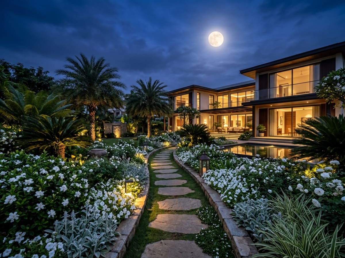 Magical moonlight garden in a Bengaluru luxury villa at dusk with glowing white flowering borders - Happy Greenery