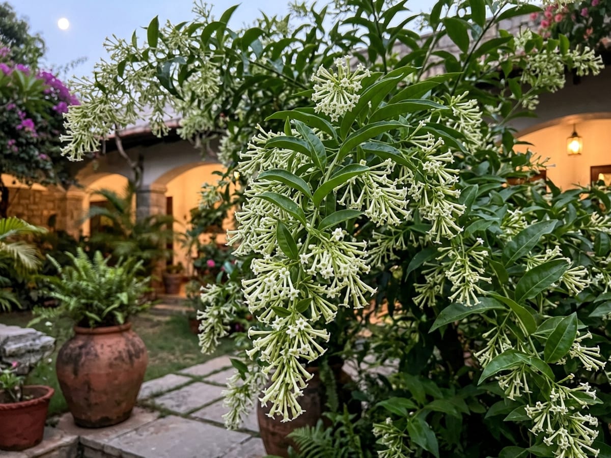 Night-blooming Jasmine Cestrum nocturnum Raat ki Rani covered in delicate white fragrant blooms in Bengaluru - Happy Greenery