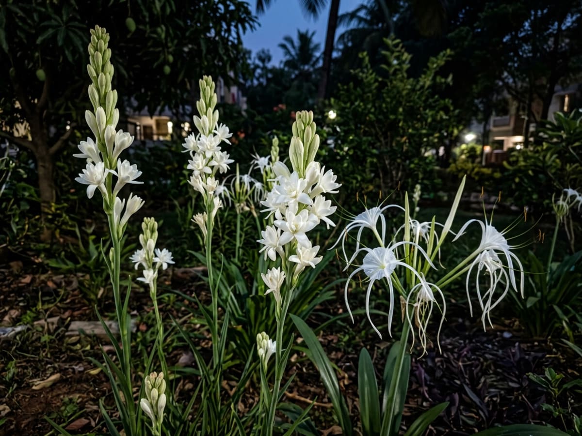 Tall white spikes of Tuberose Rajnigandha and exotic Spider Lilies in a fragrant evening bed in Bengaluru - Happy Greenery
