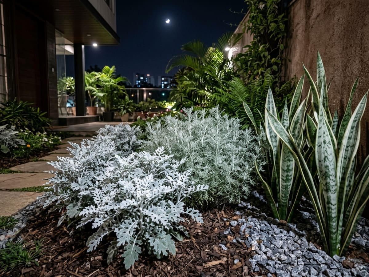 Textured silvery foliage plants including Dusty Miller, Silver Mound, and Variegated Snake Plant in Bengaluru - Happy Greenery