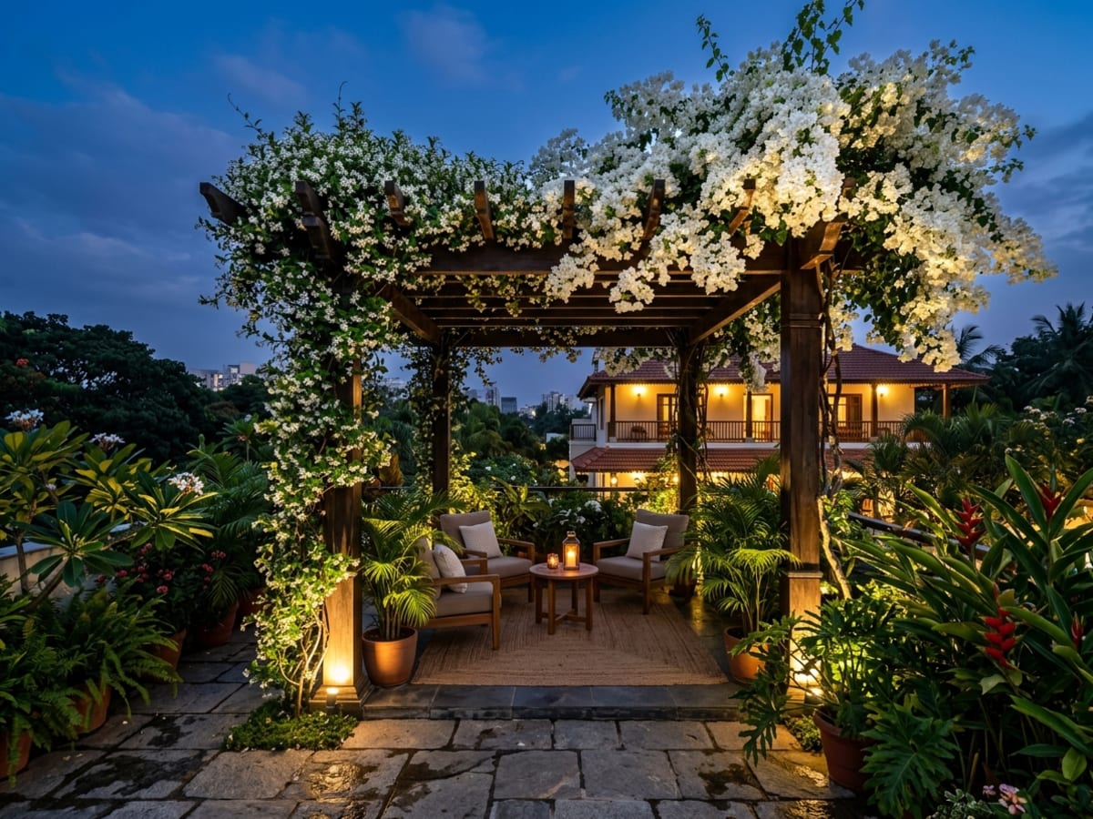 Garden pergola draped in fragrant white Star Jasmine and cascading white Bougainvillea in Bengaluru terrace - Happy Greenery