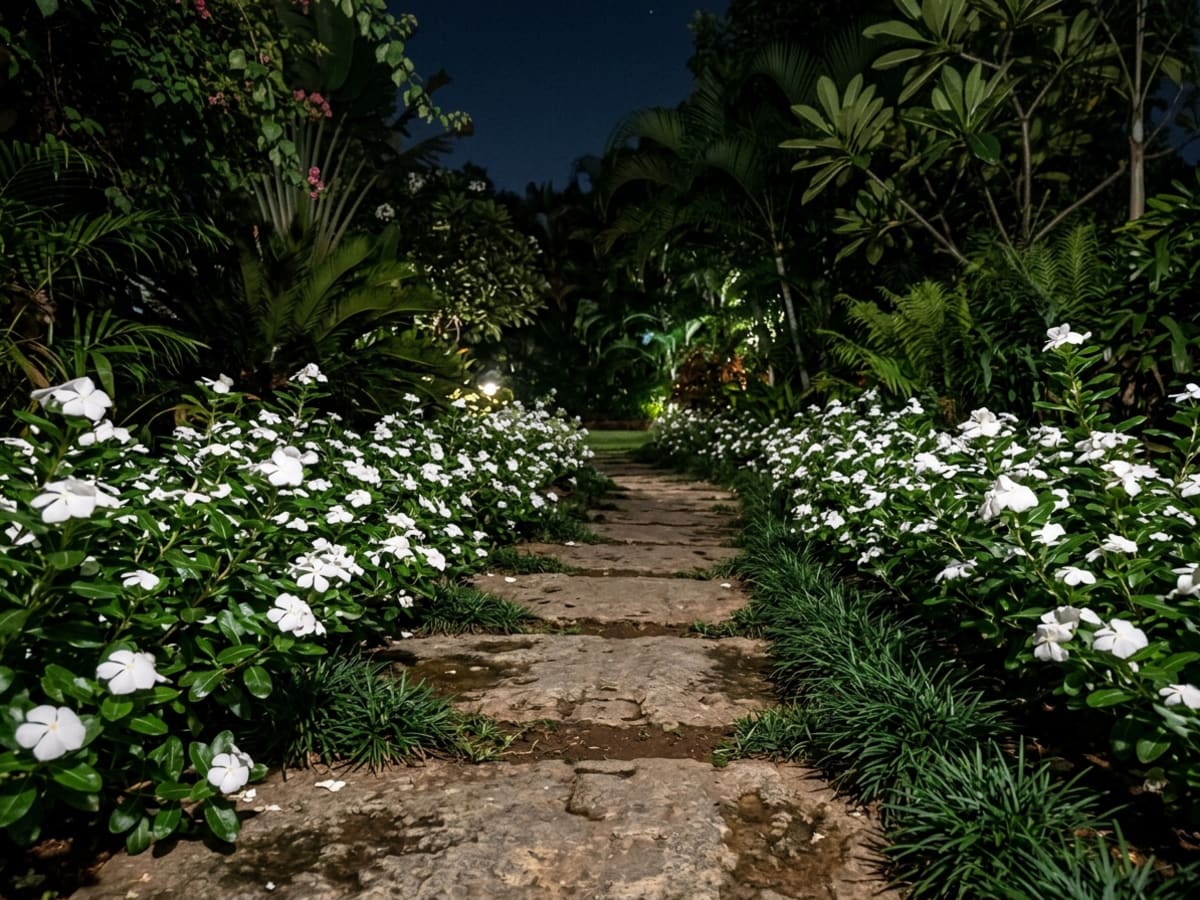 Stepping stone garden pathway bordered by glowing white Vinca flowers and deep green Dwarf Mondo grass in Bengaluru - Happy Greenery