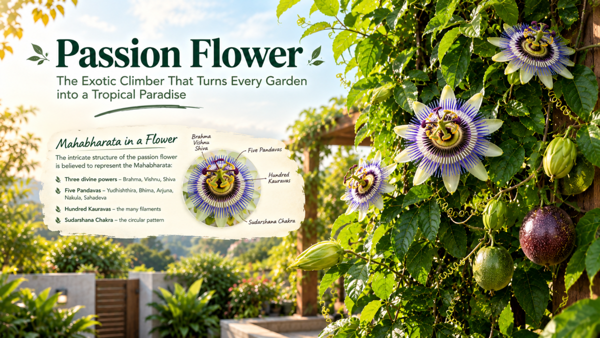 Passion Flower tropical garden legend banner with Mahabharata in a flower callout in Bengaluru - Happy Greenery