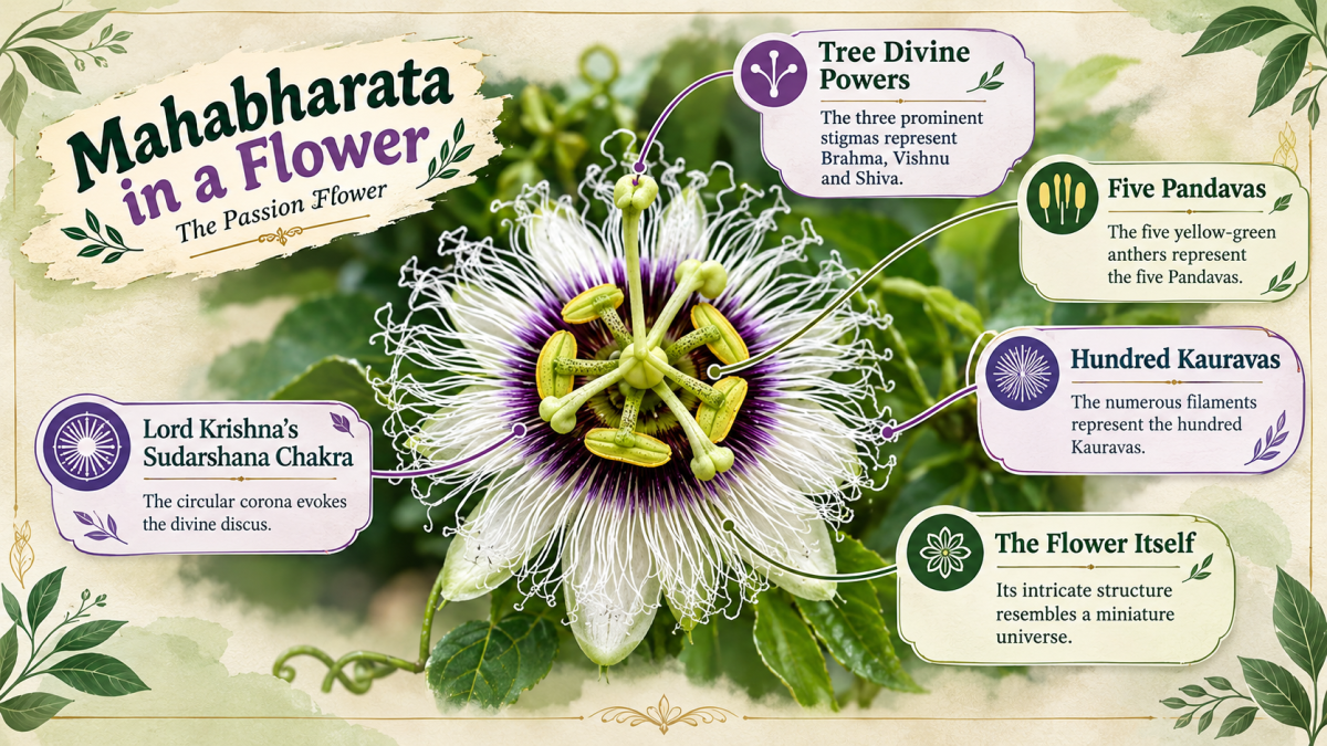Mahabharata in a Flower Krishna Kamal botanical infographic showing Brahma Vishnu Shiva Pandavas and Kauravas - Happy Greenery
