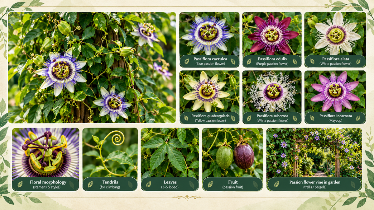 Passionflower Botanical Garden Guide infographic detailing floral morphology tendrils leaves and fruit - Happy Greenery