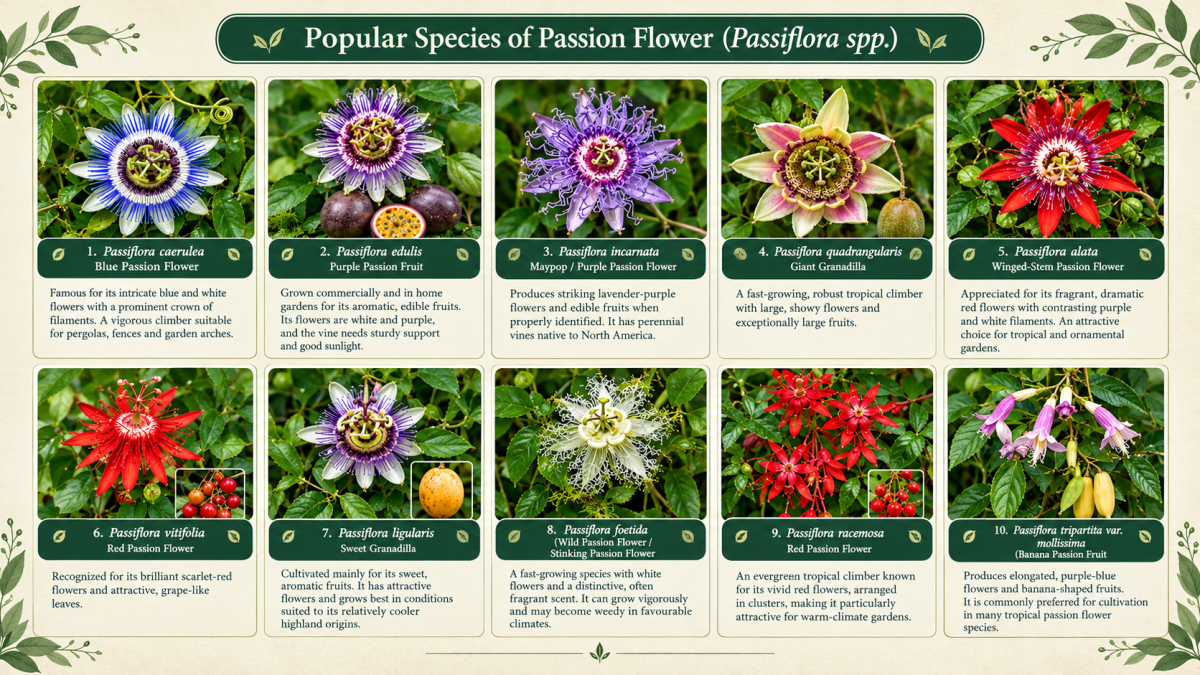 Passiflora Species Botanical Guide infographic displaying 10 popular passion flower species - Happy Greenery