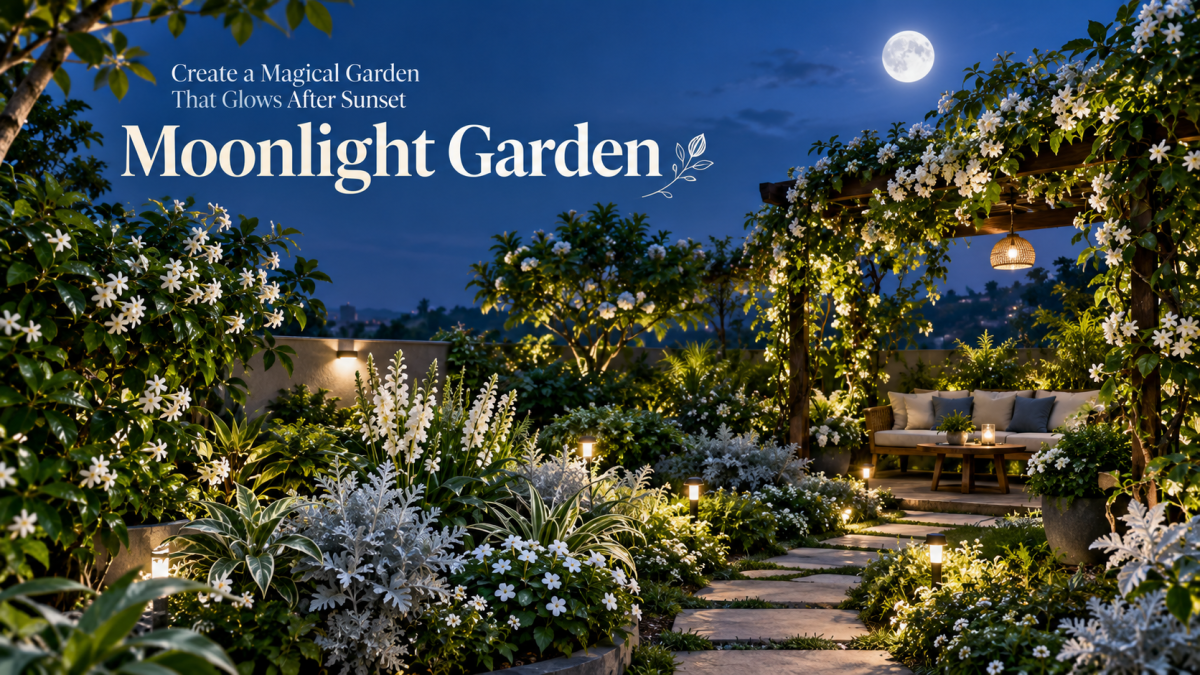 Enchanting moonlight garden with luminous white flowers and ambient evening lighting in Bengaluru - Happy Greenery