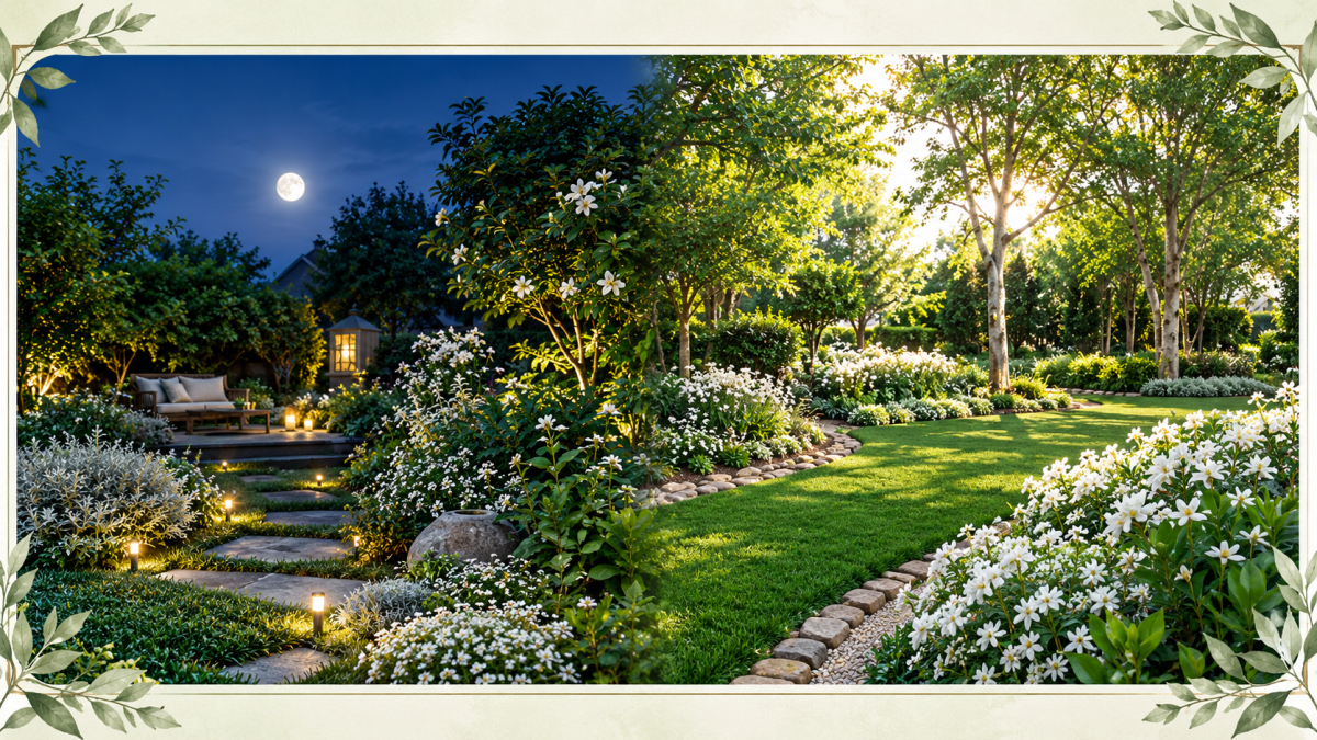Moonlit to Sunlit Garden Panorama: visual day-to-night landscape transformation guide - Happy Greenery