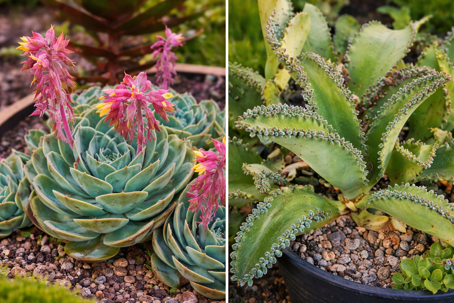 Close-up view of healthy succulents showing thick fleshy leaves storing water