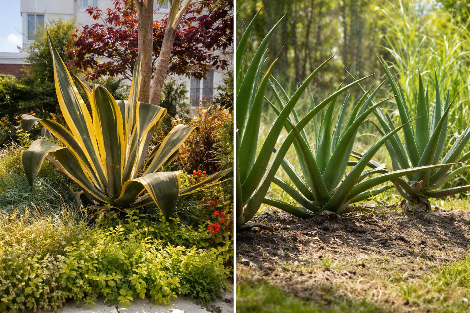 Aloe plant with tall flower spike blooming in outdoor garden conditions
