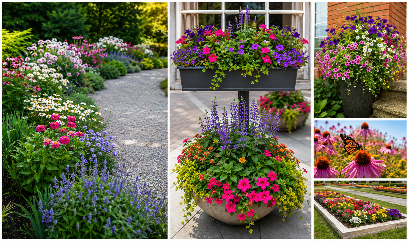 Beautiful summer annual flower garden collage featuring colorful landscape flower beds, blooming container plants, hanging floral arrangements, butterfly-friendly flowers, and vibrant seasonal garden designs for home landscaping inspiration.