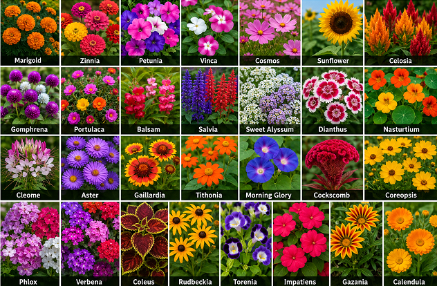 Colorful collection of popular summer annual flowers including marigold, zinnia, petunia, sunflower, salvia, dianthus, verbena, gazania, calendula, and cosmos displayed in a vibrant floral garden chart for seasonal gardening inspiration.
