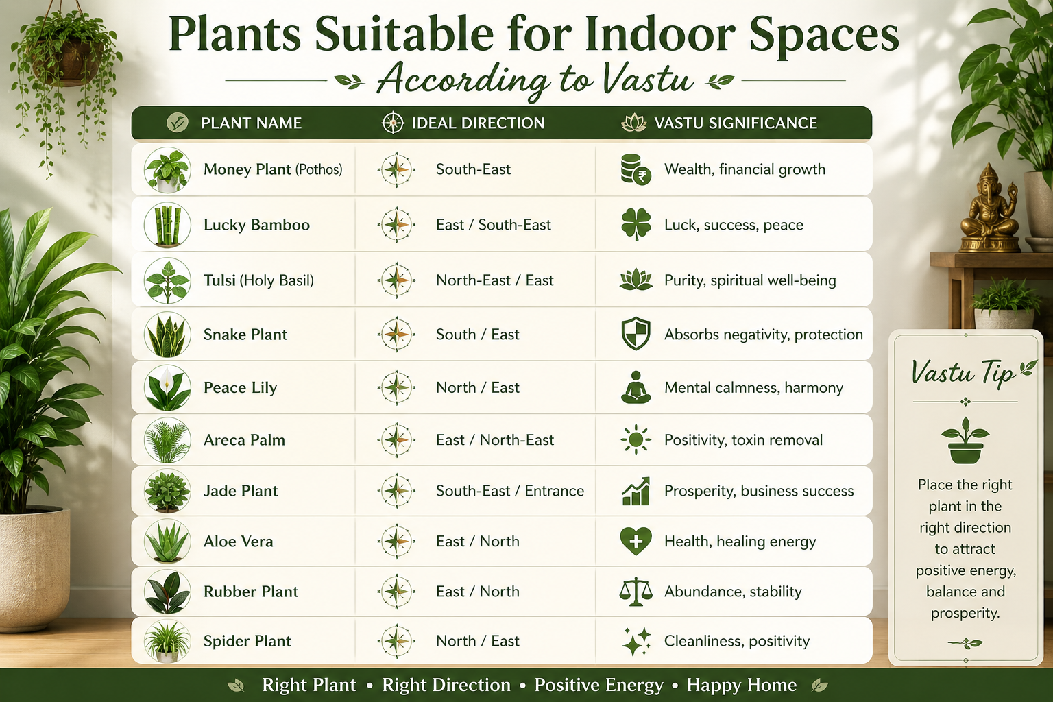Wide infographic showcasing indoor plants suitable according to Vastu Shastra, featuring Money Plant, Lucky Bamboo, Tulsi, Snake Plant, Peace Lily, Aloe Vera, Jade Plant, and other greenery with their ideal directions and positive energy benefits in a modern decorative layout.