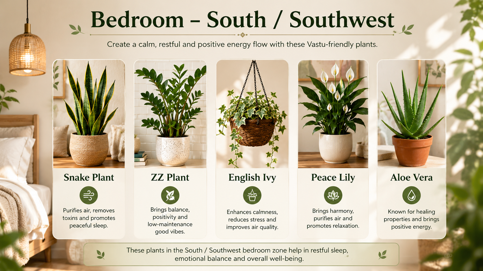 Wide Vastu-inspired bedroom infographic featuring Snake Plant, ZZ Plant, English Ivy, Peace Lily, and Aloe Vera arranged in a calming South and Southwest bedroom setting to promote restful sleep, positivity, air purification, and emotional balance.