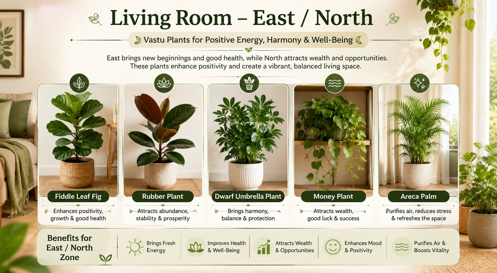 Elegant horizontal infographic showcasing Vastu plants for the living room in East and North directions, featuring Fiddle Leaf Fig, Rubber Plant, Peace Lily, and Areca Palm in a bright modern interior to symbolize positivity, harmony, fresh energy, and prosperity.