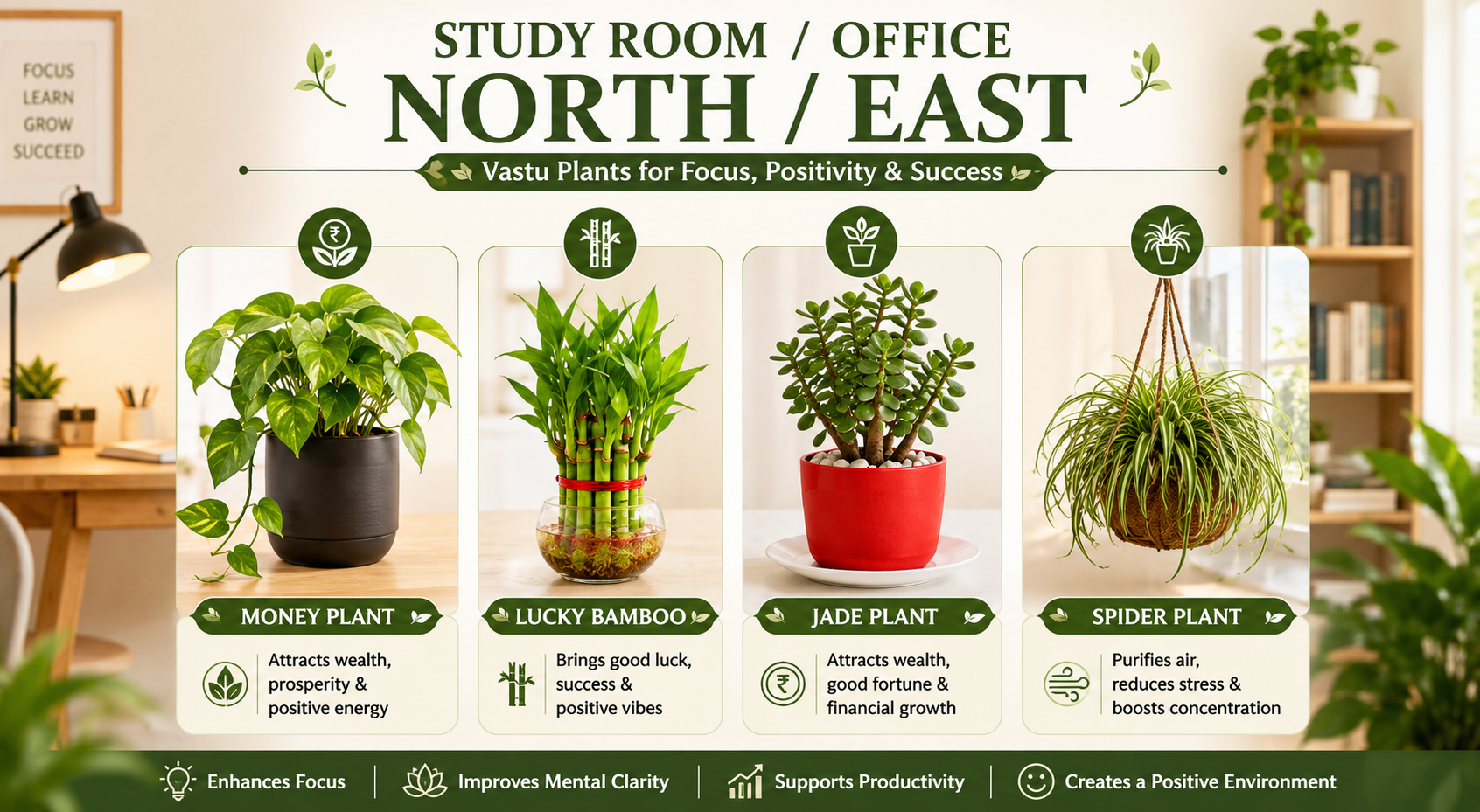 Wide infographic featuring Vastu plants for study room and office spaces in North and East directions, showcasing Money Plant, Lucky Bamboo, Jade Plant, and Spider Plant in a modern workspace to symbolize focus, prosperity, positivity, mental clarity, and productivity.