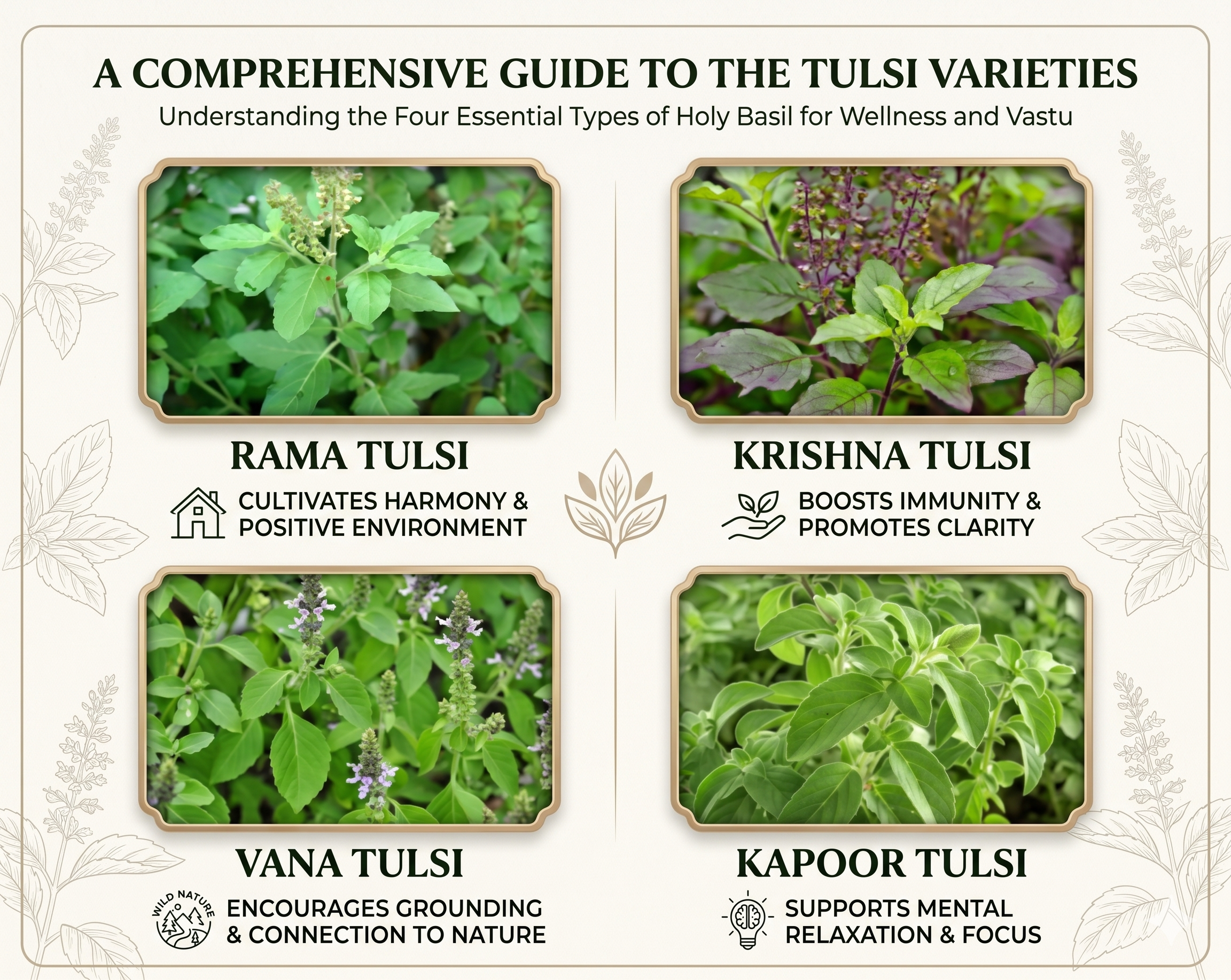 A visual comparison of four different types of Holy Basil plants: green Rama Tulsi, purple-tinged Krishna Tulsi, wild Vana Tulsi, and broad-leafed Kapoor Tulsi