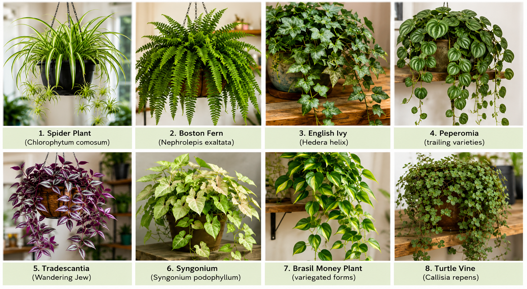 High-resolution horizontal collage featuring eight popular hanging plants including Spider Plant, Boston Fern, English Ivy, Peperomia, Tradescantia, Syngonium, Brasil Money Plant, and Turtle Vine with enhanced clarity and clean botanical labels in a modern infographic style.