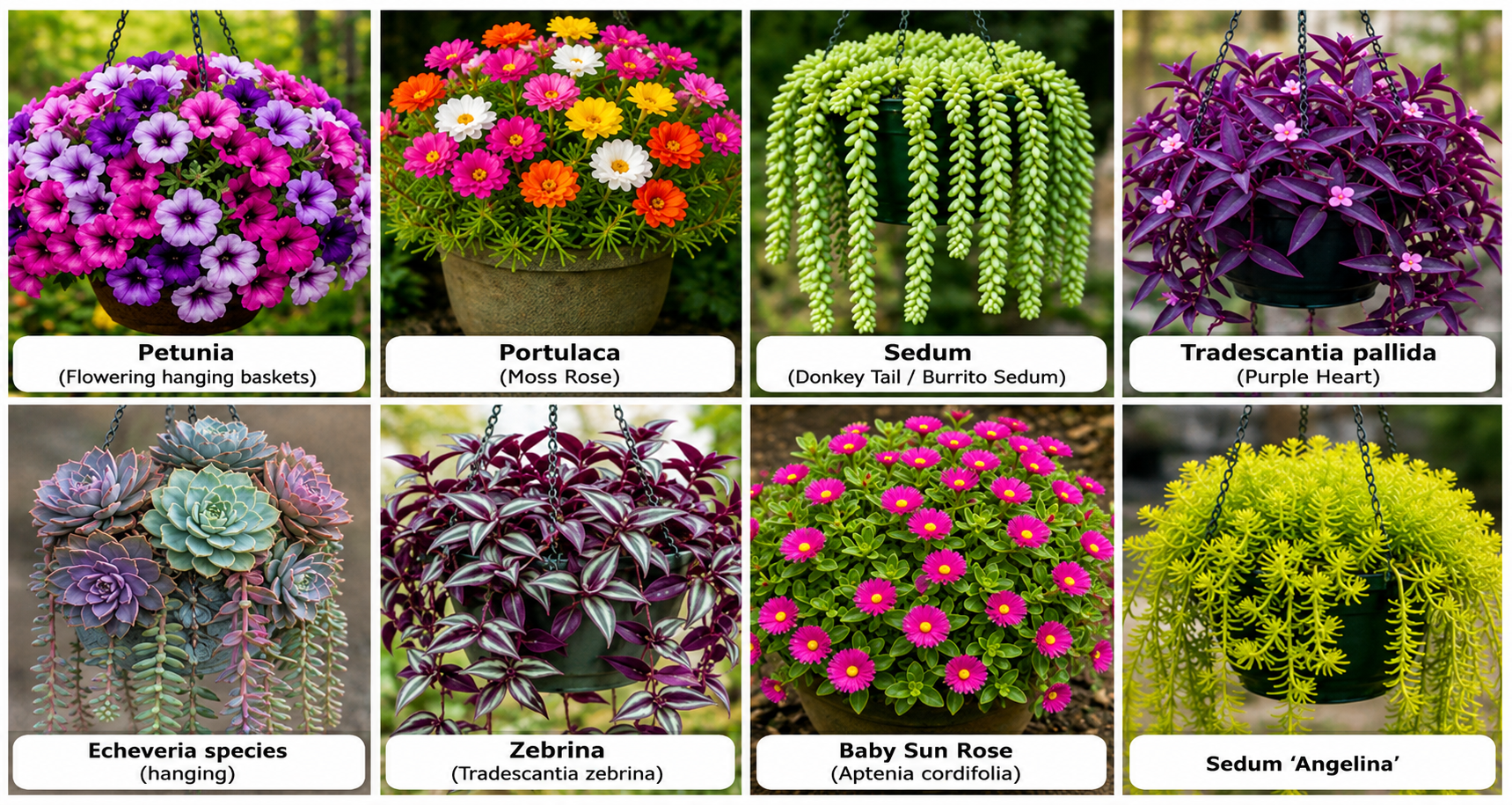High-clarity horizontal collage featuring colorful hanging plants and flowering varieties including Petunia, Portulaca, Sedum, Tradescantia pallida, Echeveria, Zebrina, Baby Sun Rose, and Sedum Angelina with clean modern labels and vibrant botanical presentation.