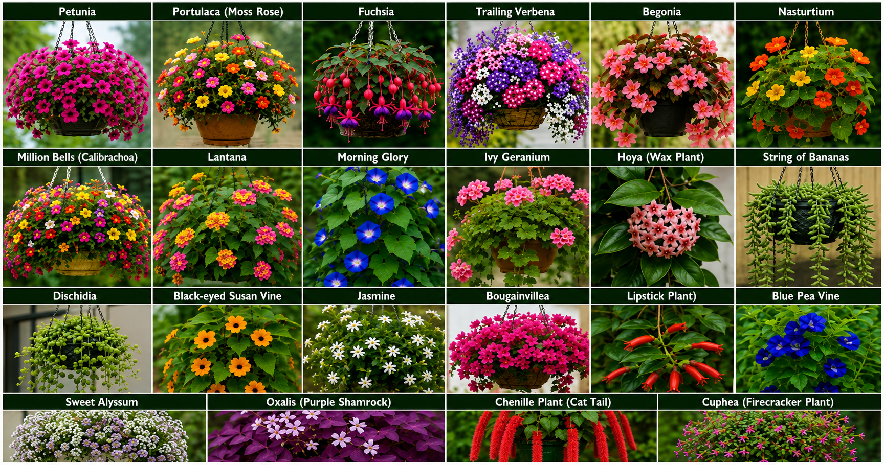 Wide high-resolution collage showcasing a diverse collection of colorful hanging plants and flowering vines including Petunia, Portulaca, Fuchsia, Verbena, Begonia, Nasturtium, Jasmine, Bougainvillea, Hoya, String of Bananas, and Blue Pea Vine with enhanced clarity and elegant botanical labels.