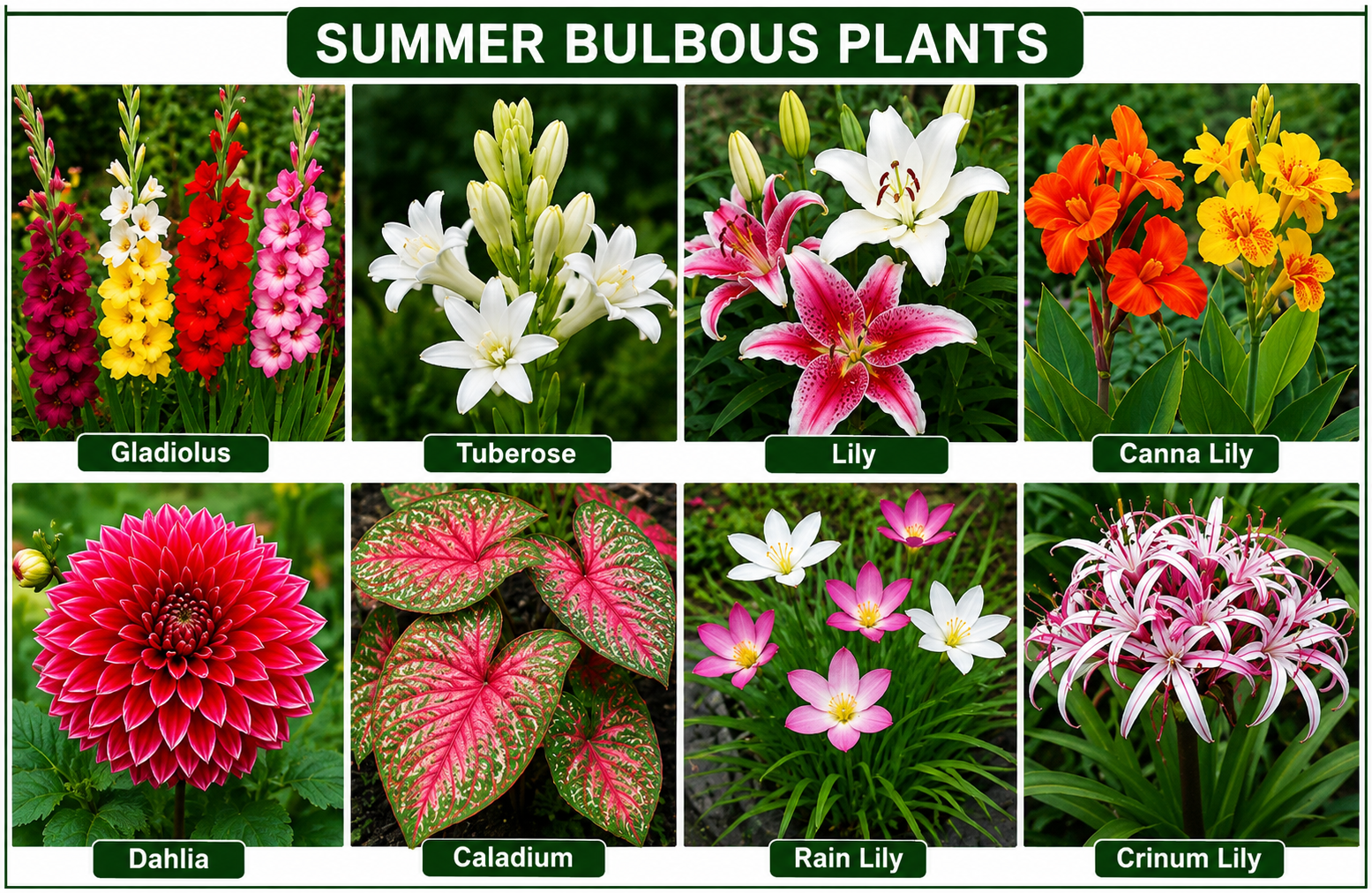 Infographic showcasing popular summer bulbous plants including Gladiolus, Tuberose, Lily, Canna Lily, Dahlia, Caladium, Rain Lily, and Crinum Lily, displayed in a clear grid layout with vibrant high-resolution flower photographs and labeled plant names.