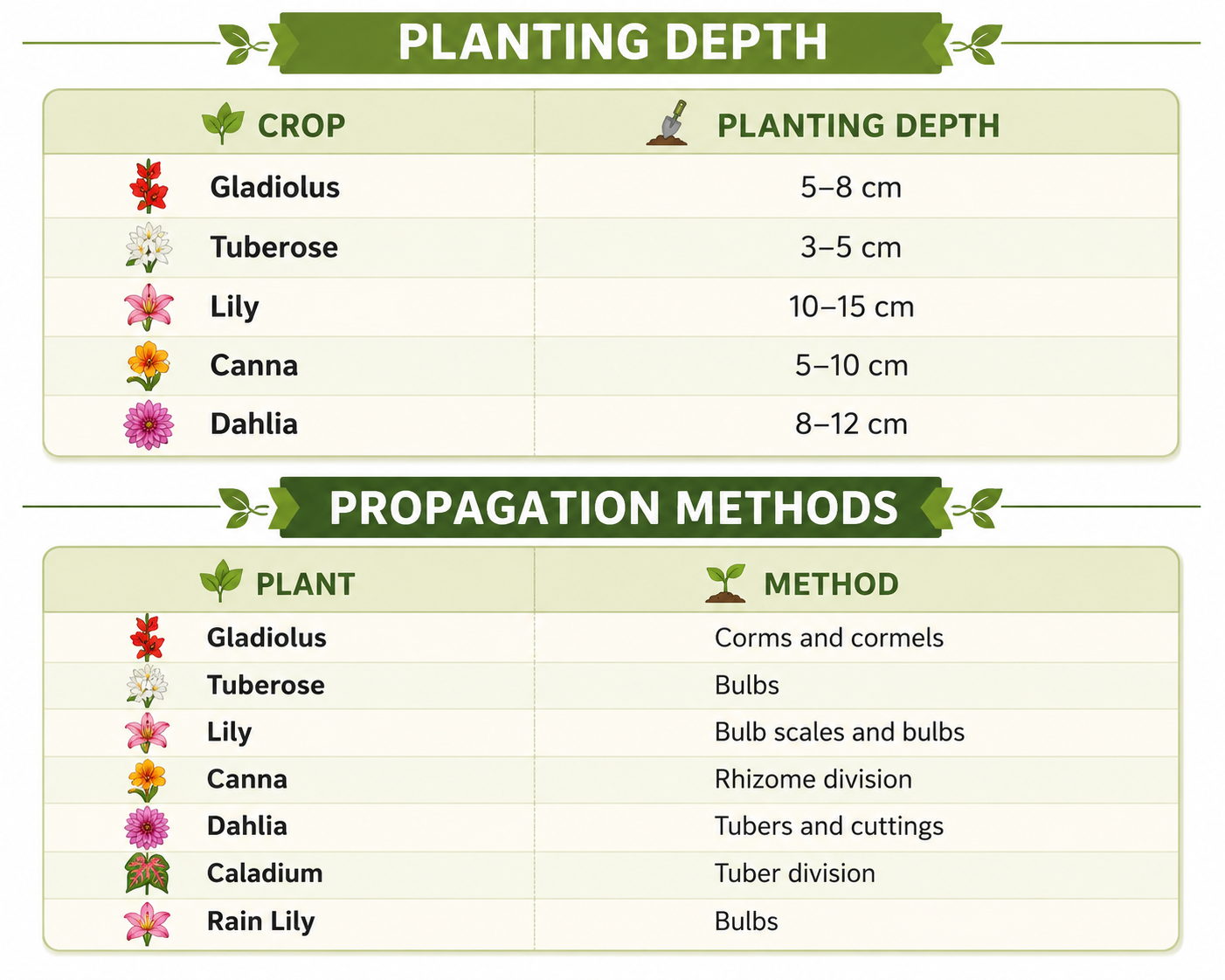 Infographic displaying the recommended planting depths and propagation methods for popular summer bulbous plants, including Gladiolus, Tuberose, Lily, Canna, Dahlia, Caladium, and Rain Lily, presented in a clean green-themed table design with plant icons for easy reference.