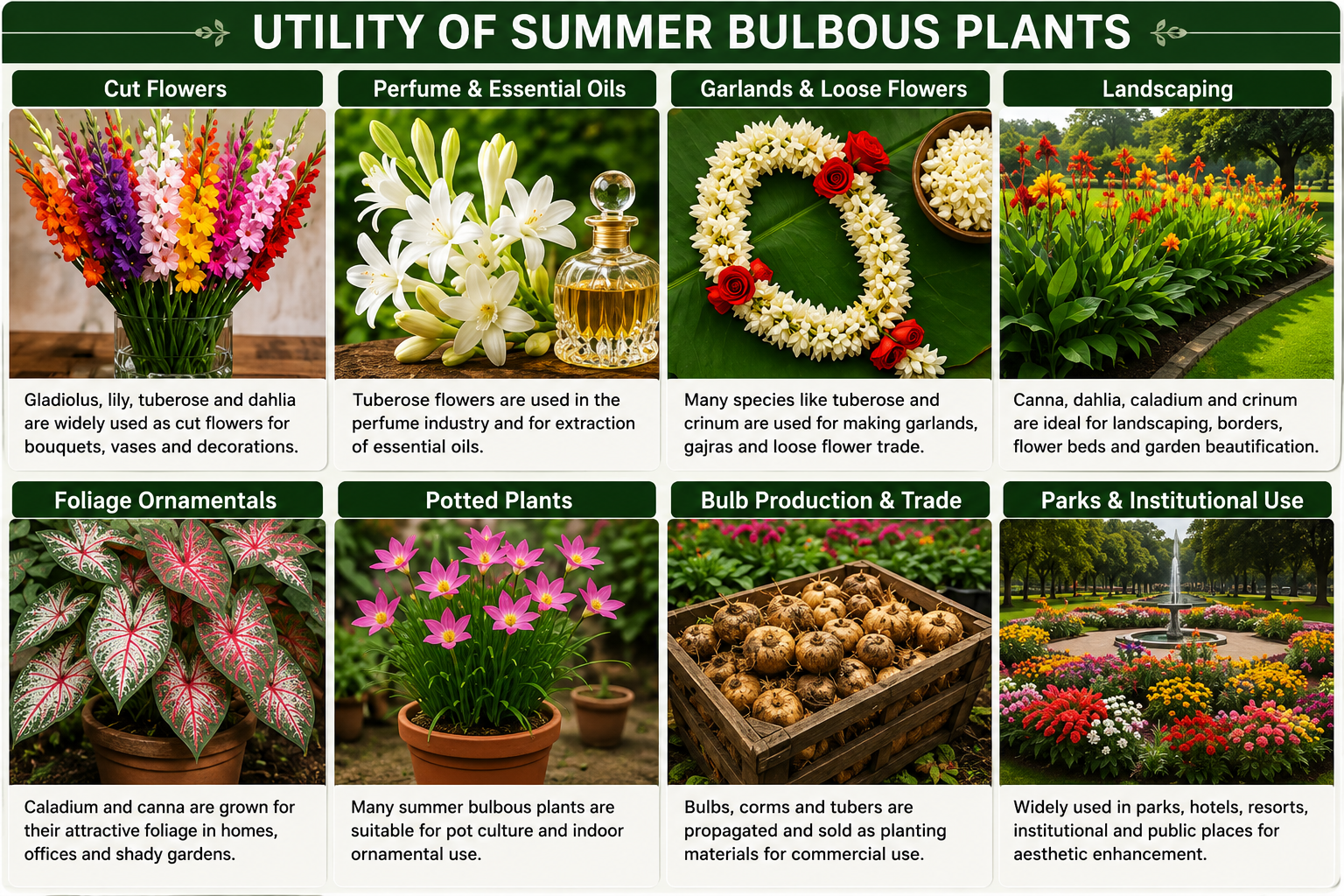 Wide infographic illustrating the various uses of summer bulbous plants, including cut flower production, perfume and essential oil extraction, garland making, landscaping, foliage ornamentals, potted plant cultivation, bulb production and trade, and their use in parks and public landscapes, supported by high-quality images and descriptive labels.